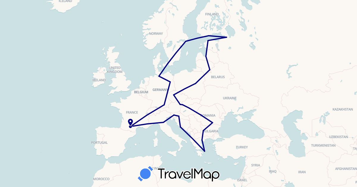 TravelMap itinerary: driving in Austria, Bulgaria, Czech Republic, Germany, Denmark, Estonia, Finland, France, Greece, Croatia, Hungary, Italy, Lithuania, Latvia, Poland, Romania, Russia, Sweden, Slovenia, Slovakia (Europe)